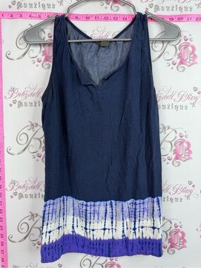 Eddie Bauer Navy Blue Tank Top with Purple and White Tie-Dye Hem